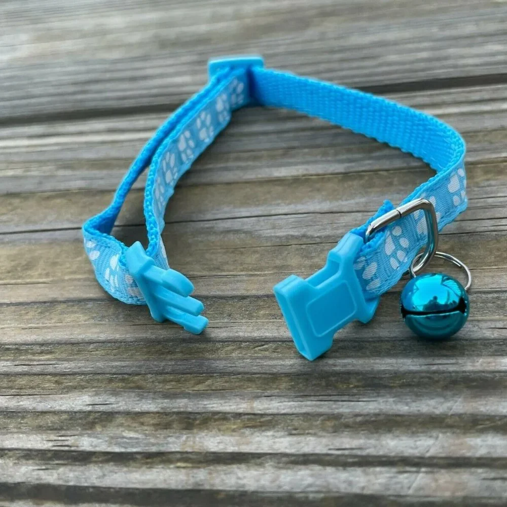Cat Collar With Bell Adjustable Kitten Puppy Paw Print Blue Collars Adjustable